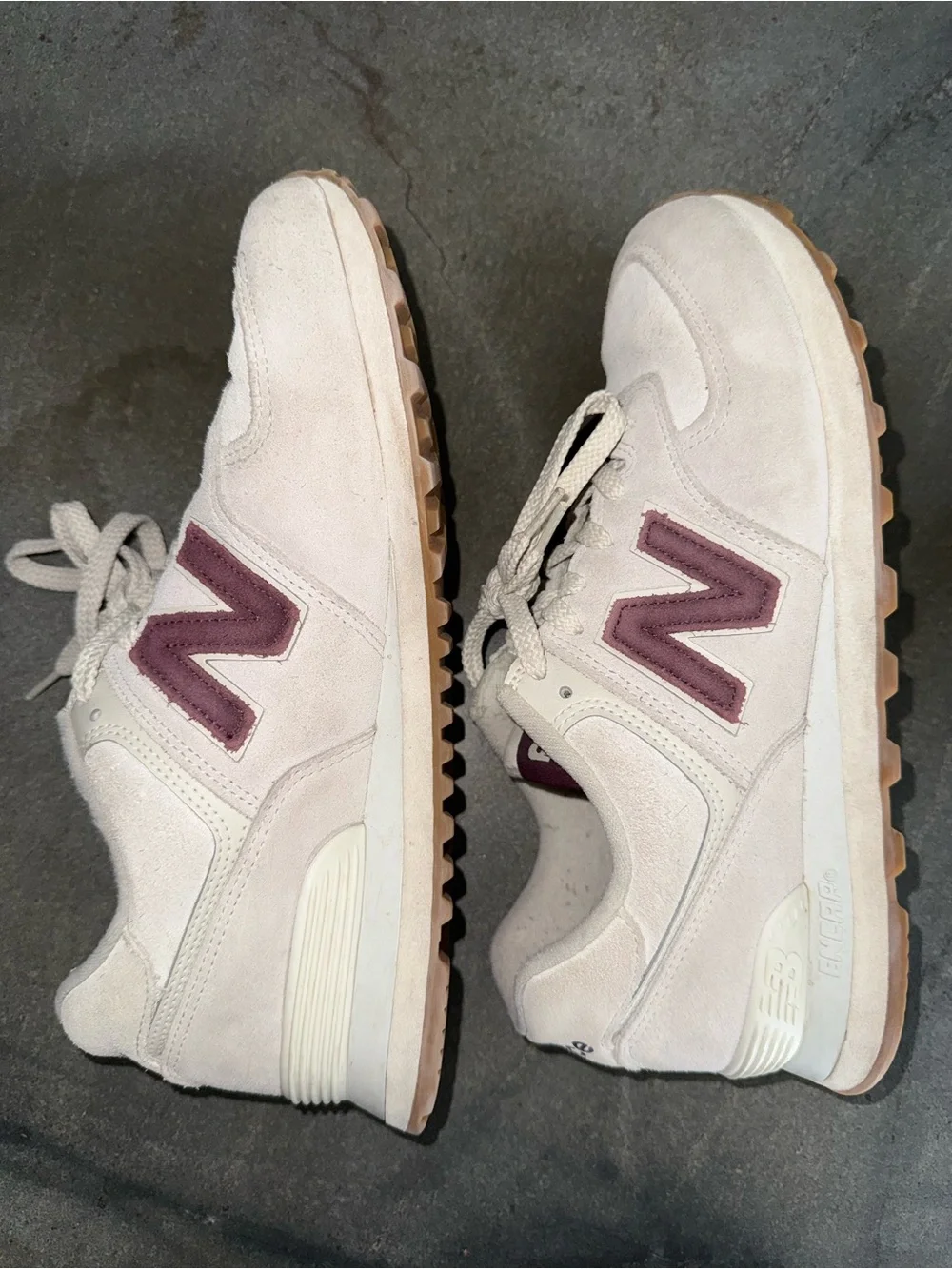 New Balance 574 Off-White Suede Sneakers Maroon Logo men’s size 9
